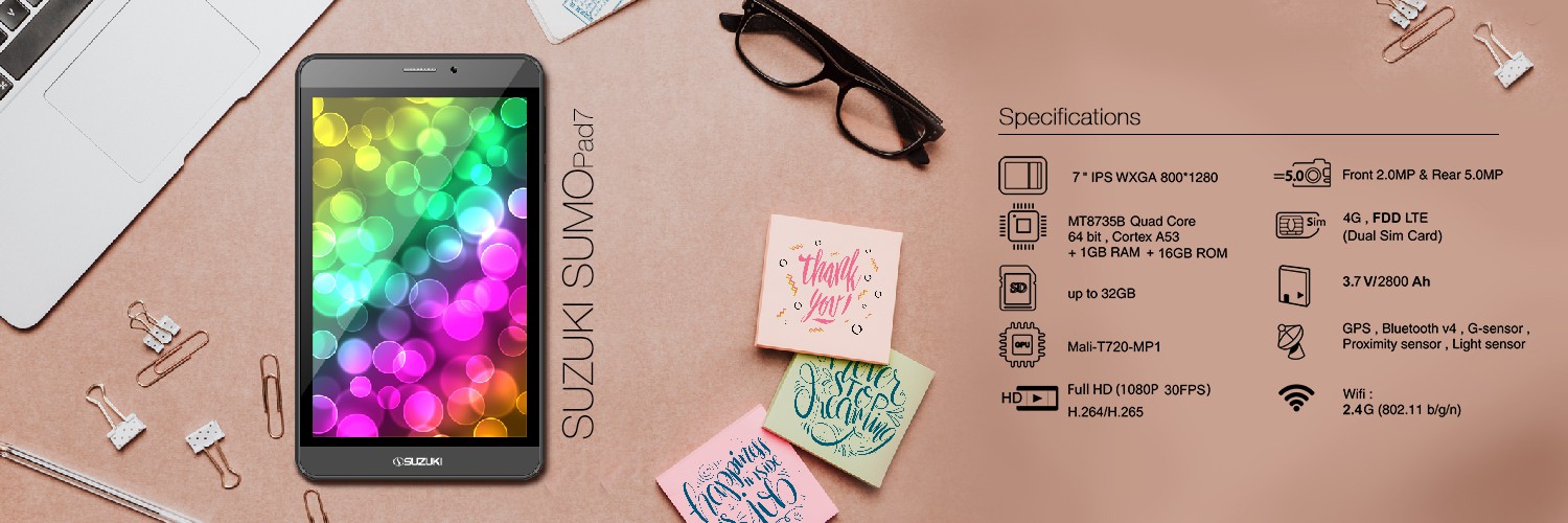 Suzuki Sumo Pad7 tablet showing a colorful screen, placed next to technical specs like MT8735B Quad Core and 5.0MP rear camer