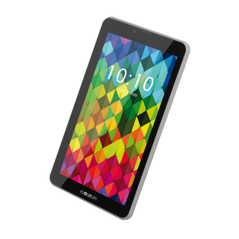 A silver Suzuki tablet angled to show a vibrant, multi-colored geometric wallpaper and the time 10:10.