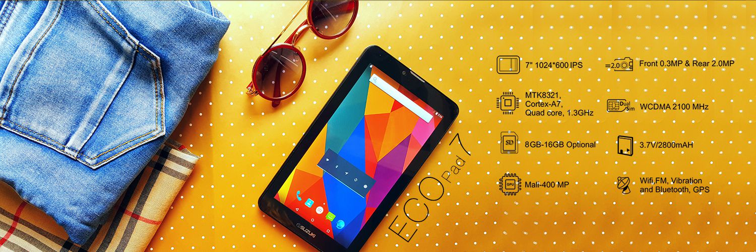 Suzuki ECO Pad 7 tablet on yellow surface with sunglasses and denim, surrounded by icons listing technical specifications.
