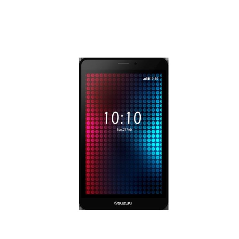 Black Suzuki tablet displaying a colorful dotted wallpaper with the time 10:10