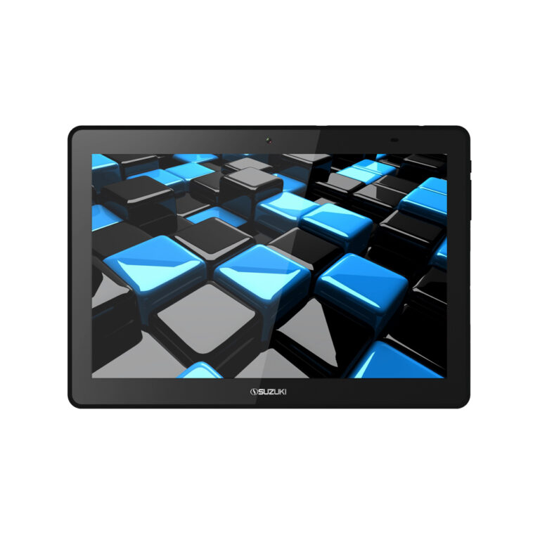 Front view of a black Suzuki tablet device displaying an abstract background of glossy blue and black cubes.