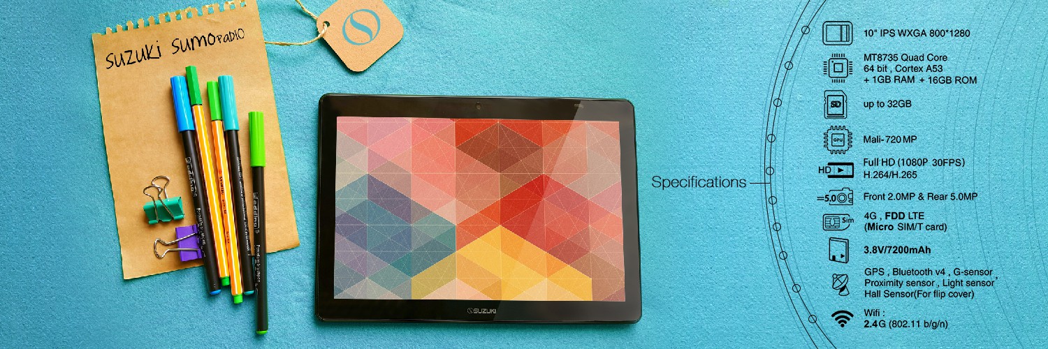Suzuki Sumo Radio tablet with a colorful geometric screen next to stationery and a list of technical specifications.