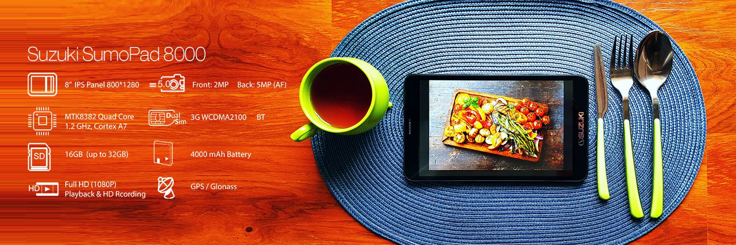Suzuki SumoPad 8000 tablet displaying food on a blue placemat with green cutlery, positioned next to a list of device specifi