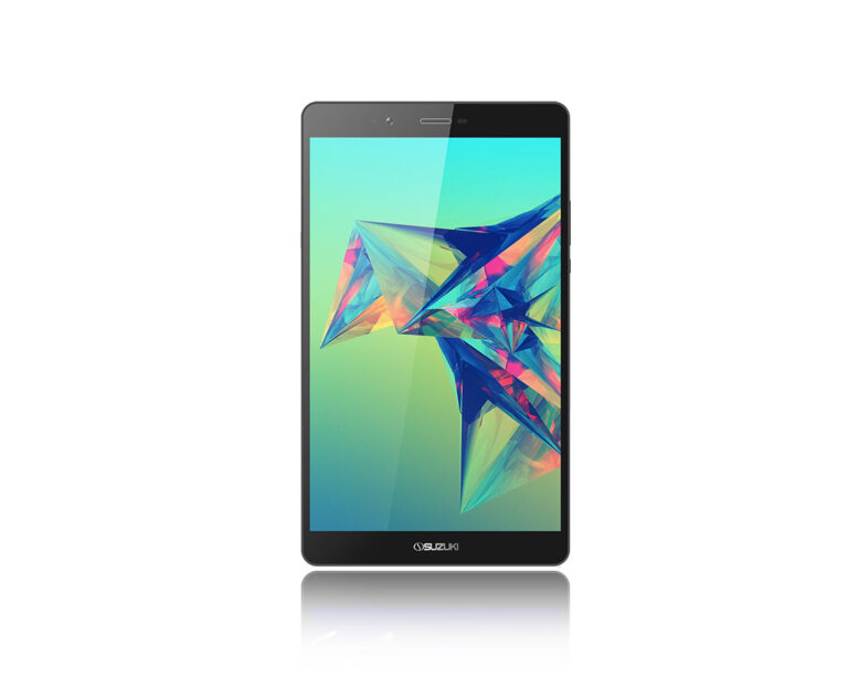 Black Suzuki tablet displaying a colorful geometric abstract wallpaper on the screen.