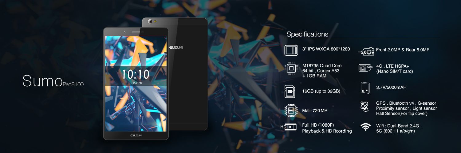 Black Suzuki Sumo Pad 8100 tablet displayed front and rear beside technical specifications including RAM, storage, and batter