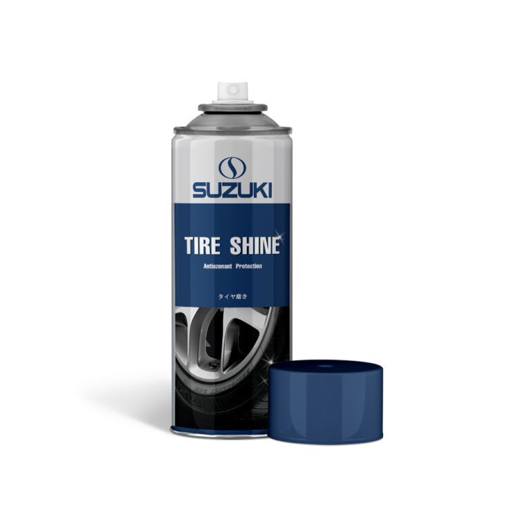 Suzuki Tire Shine aerosol can with blue cap and tire graphic on white background