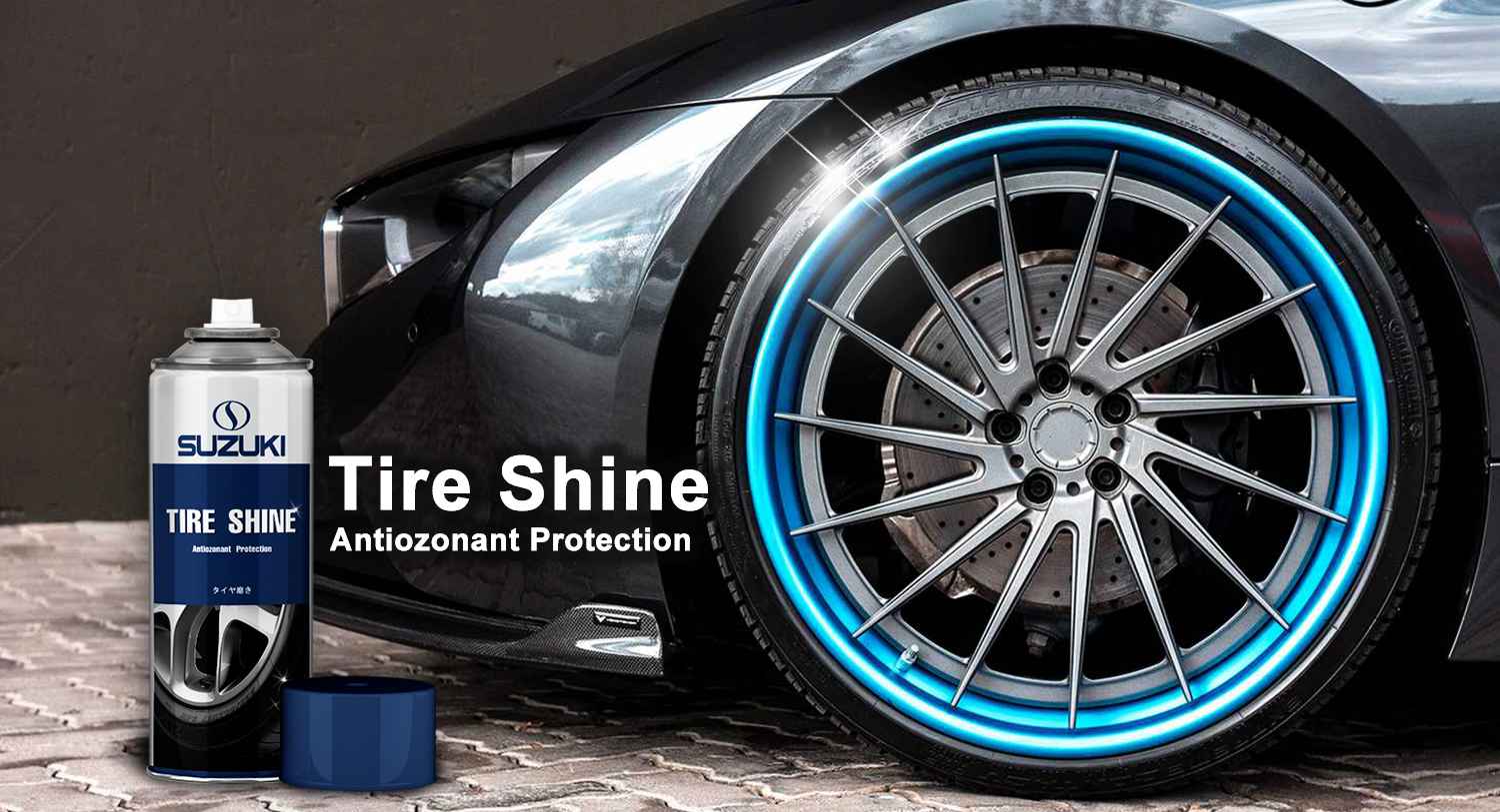 Can of Suzuki Tire Shine spray next to a car wheel with a glowing blue rim effect