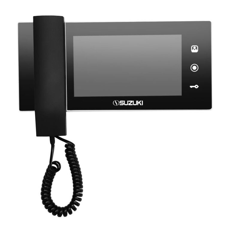 Black Suzuki video intercom monitor featuring a large display screen, touch control icons, and a handset with a coiled cord.