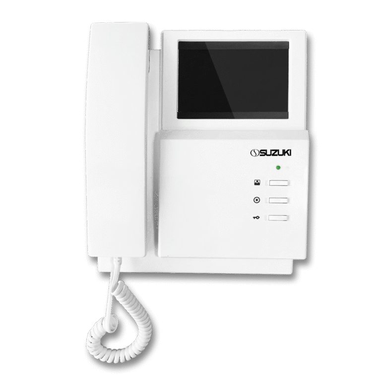 White Suzuki video intercom unit with handset, black display screen, and three control buttons with icons.