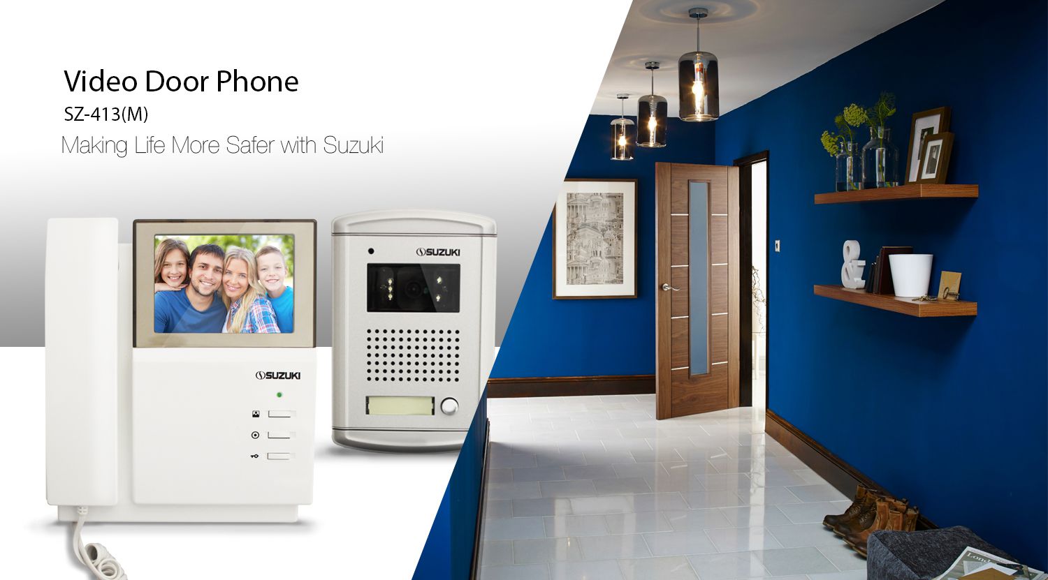Suzuki SZ-413(M) video door phone monitor and outdoor camera unit displayed next to a modern home entrance.