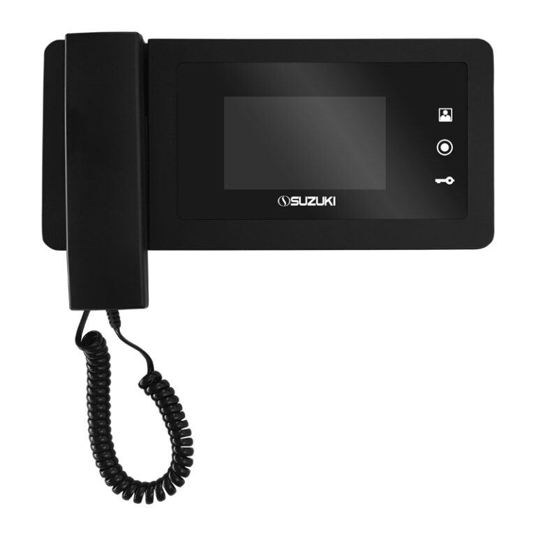 Black Suzuki video intercom monitor with a handset and touch control icons on the screen.