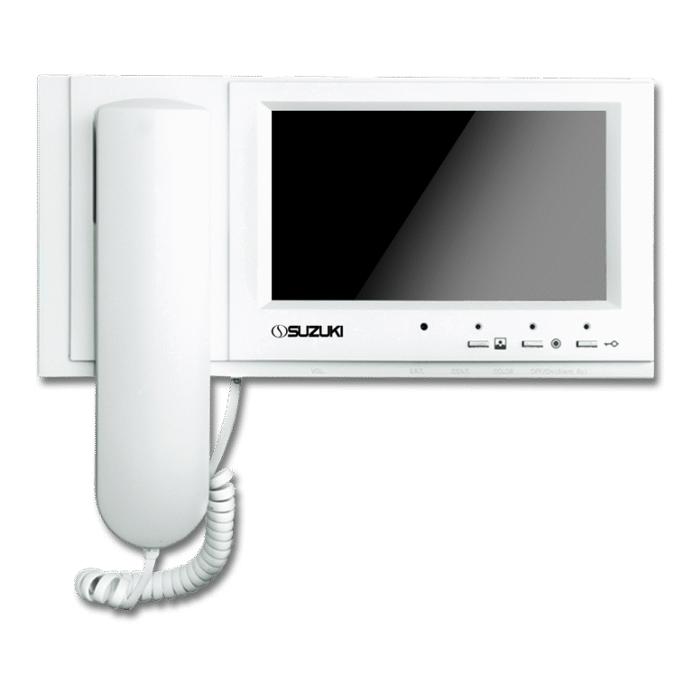 White wall-mounted Suzuki video intercom featuring a handset and a rectangular monitor screen with control buttons below