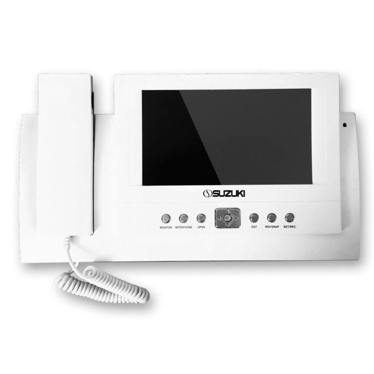 White Suzuki video intercom monitor with handset and control buttons