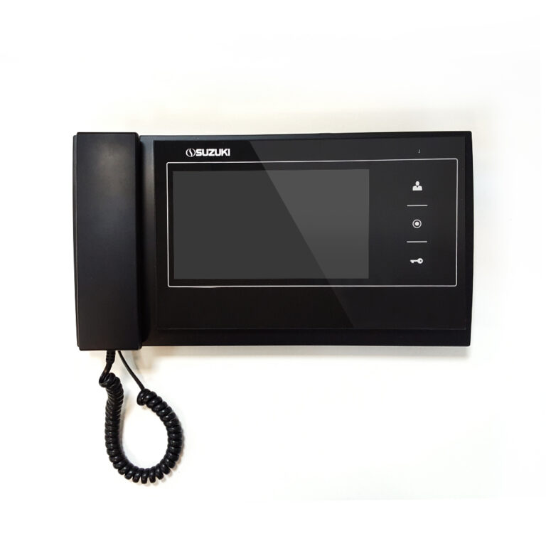 Black Suzuki video door phone monitor with handset and touch control panel.