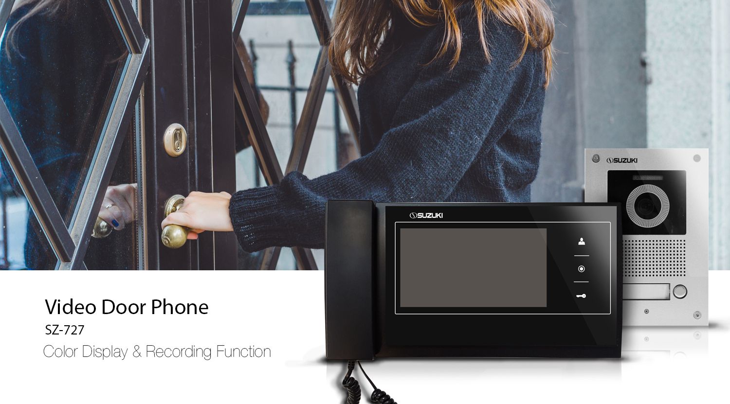 Suzuki SZ-727 video door phone monitor and outdoor unit displayed next to a woman opening a door.