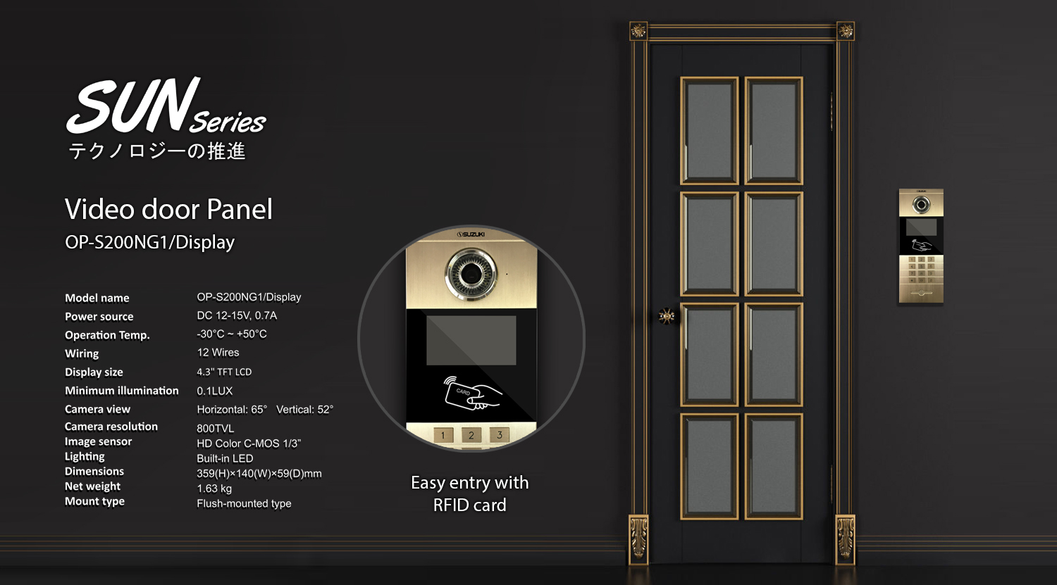 Promotional graphic for the SUN Series Video door Panel OP-S200NG1/Display showing the device next to a door and listing tech