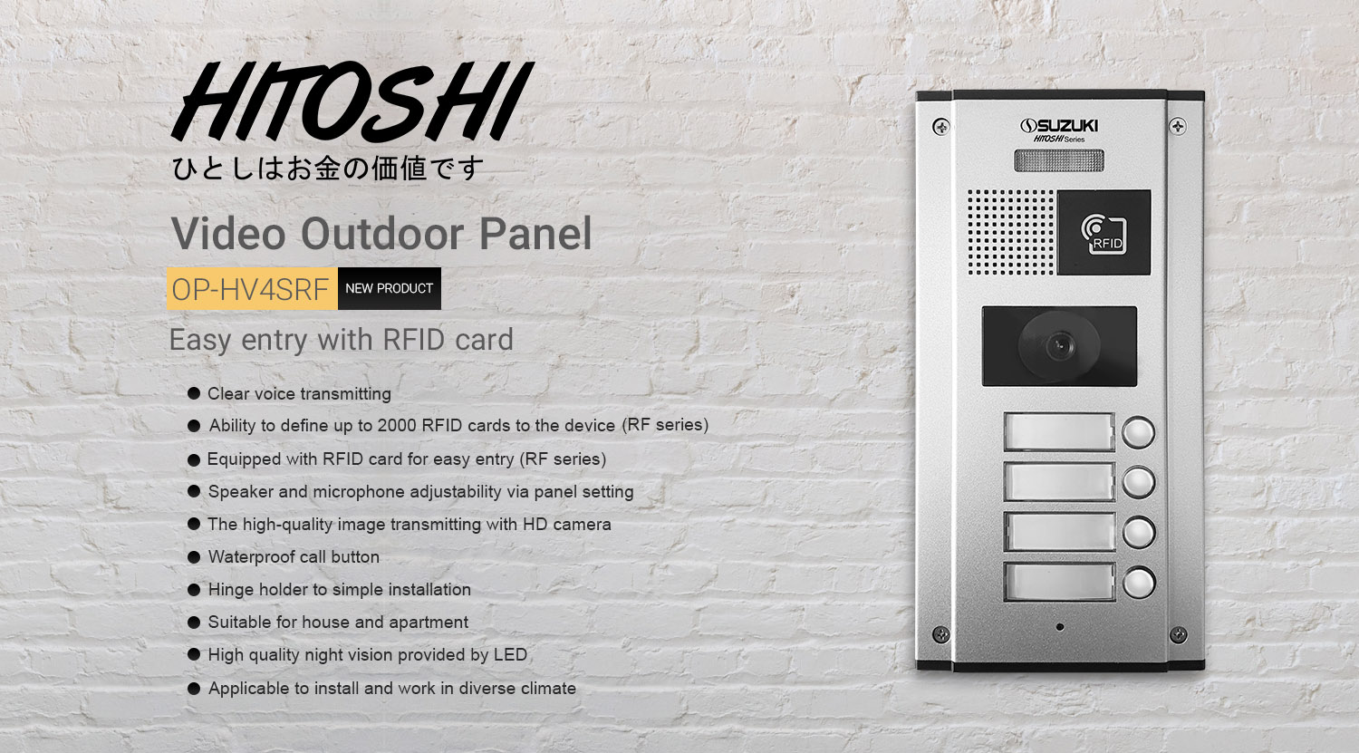 Silver Suzuki Hitoshi video outdoor panel with RFID reader, camera, and call buttons on a white brick background.
