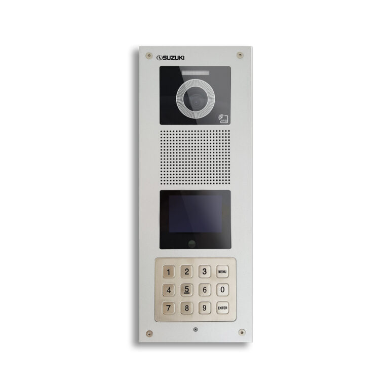 Silver Suzuki SZ-200C video intercom panel featuring a camera, speaker, screen, and keypad.