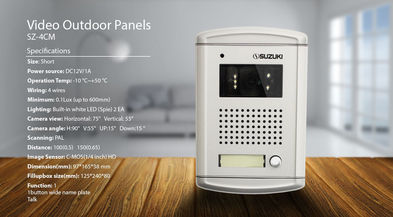 White Suzuki SZ-4CM video intercom unit on a wooden table with a list of technical specifications on the left.