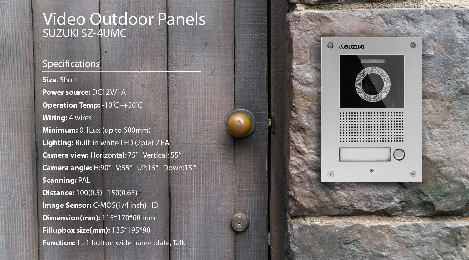 Suzuki SZ-4UMC video outdoor panel mounted on a stone wall next to a list of technical specifications