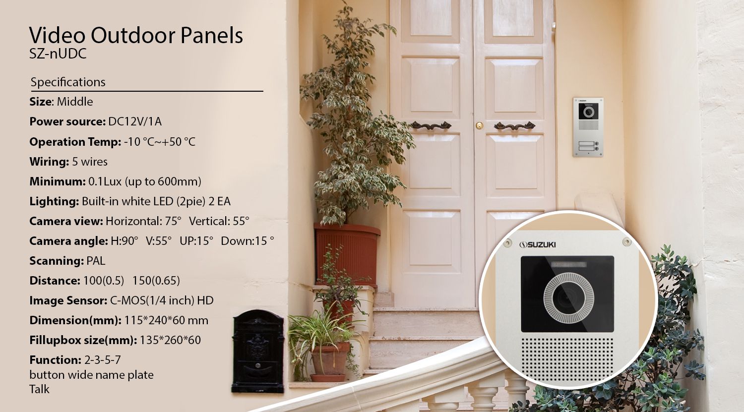 Suzuki SZ-nUDC video outdoor panel specifications list alongside an installation view and close-up of the silver device.