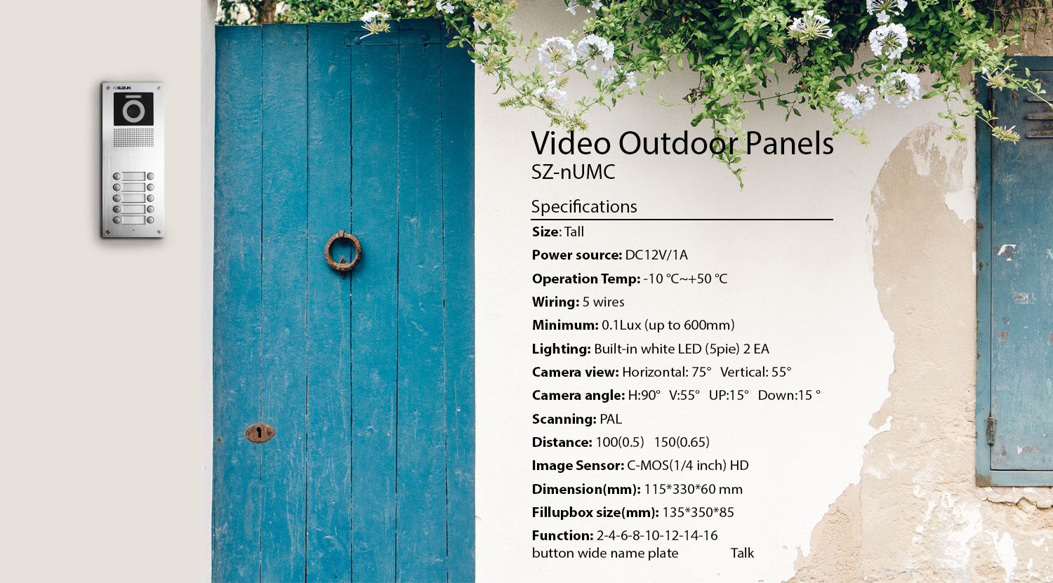 Silver video intercom unit next to a blue door with a list of technical specifications for the SZ-nUMC model.