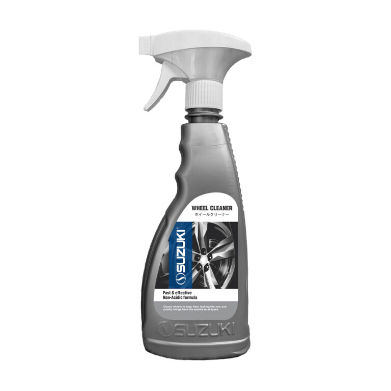 Grey spray bottle of Suzuki Wheel Cleaner featuring a fast and effective non-acidic formula label.
