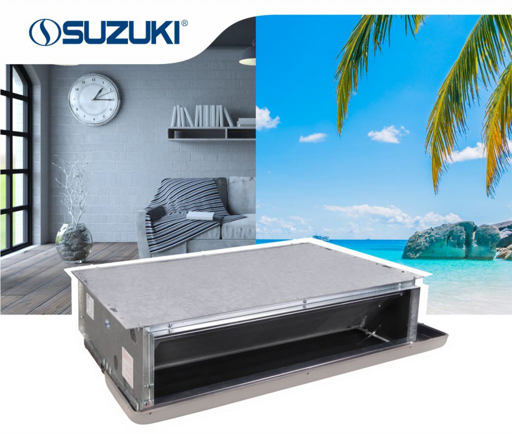 Suzuki industrial cooling unit displayed against a split background of a modern living room and a tropical beach