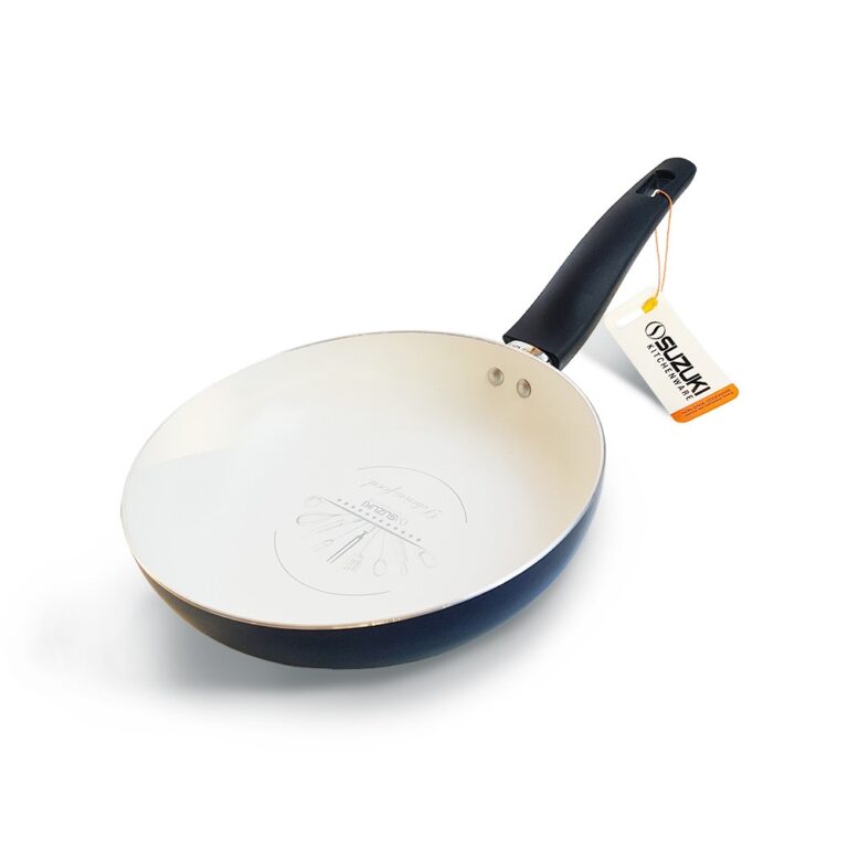 Blue frying pan with white interior and black handle featuring Suzuki Kitchenware branding tag.