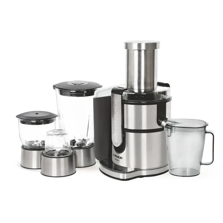 Stainless steel Suzuki FreshJet juicer with various blender attachments and a juice collection jug on a white background.