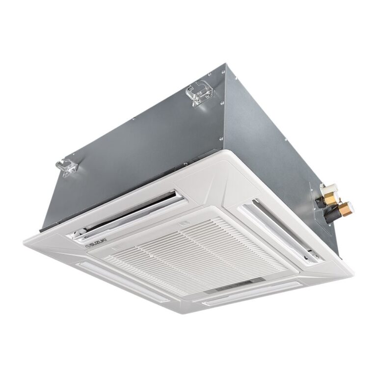 White Suzuki ceiling cassette air conditioner unit featuring a grey metal casing and copper connection pipes.