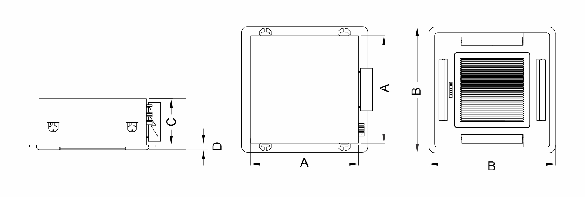 Three-view technical schematic showing side, front, and rear perspectives with dimension labels for an industrial computer.