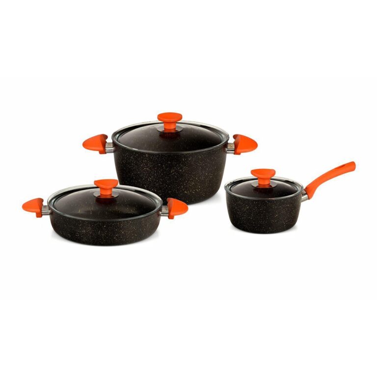 A set of three black speckled pots and pans with bright orange handles and glass lids arranged on a white background.