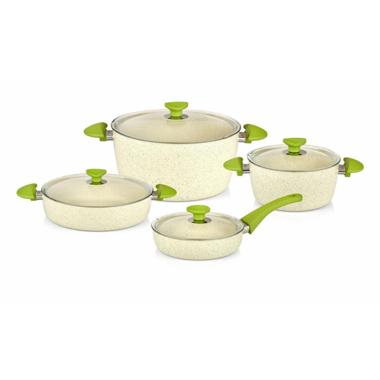 Four-piece cream speckled cookware set featuring lime green handles and glass lids on a white background.