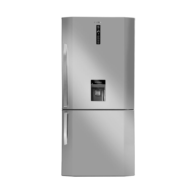 Silver bottom-freezer refrigerator with an external water dispenser, digital control panel, and vertical handles on the left