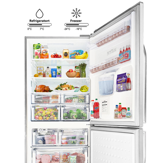 Silver refrigerator with open door filled with food and drinks, displaying temperature ranges for refrigerator and freezer se