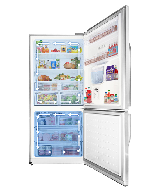 Open refrigerator stocked with food featuring blue arrows showing air circulation paths inside the fridge and freezer compart