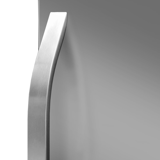 Close-up of a curved brushed stainless steel handle on a smooth metallic surface.