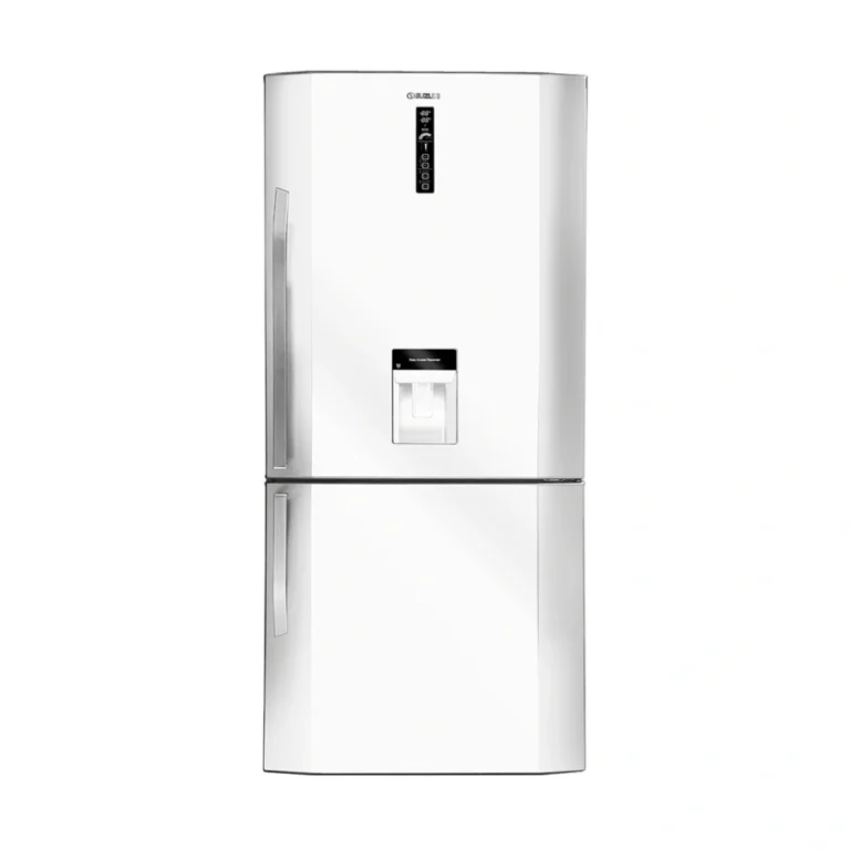 Front view of a white refrigerator with silver handles, a digital control panel, and a water dispenser.