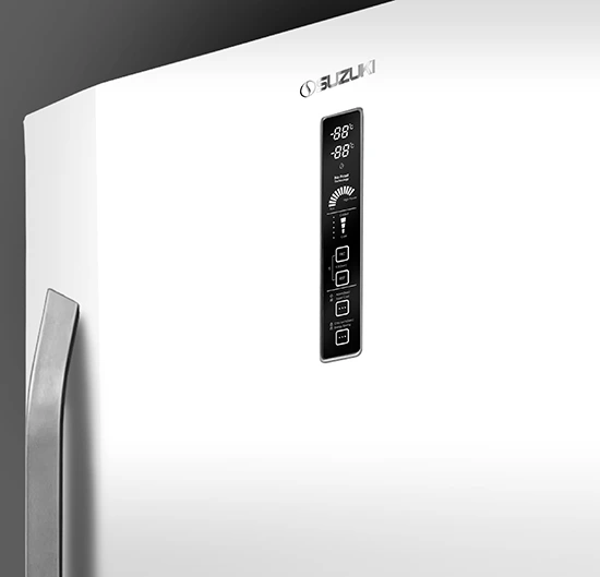Close-up of a white Suzuki refrigerator door featuring a vertical black digital control panel with temperature readout and to