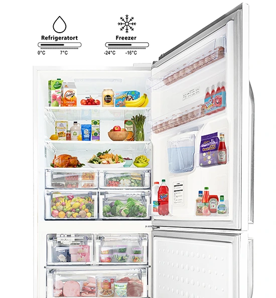Open white refrigerator stocked with fresh produce and meats, featuring temperature graphics for the refrigerator and freezer