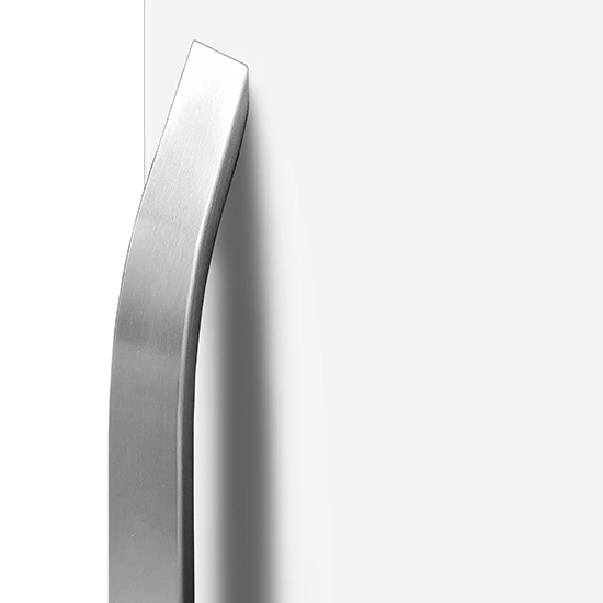 Close-up detail of a vertical brushed steel handle attached to a white surface