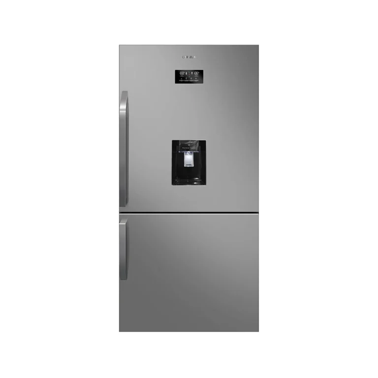 Stainless steel refrigerator with bottom freezer, external water dispenser, and digital temperature control panel.