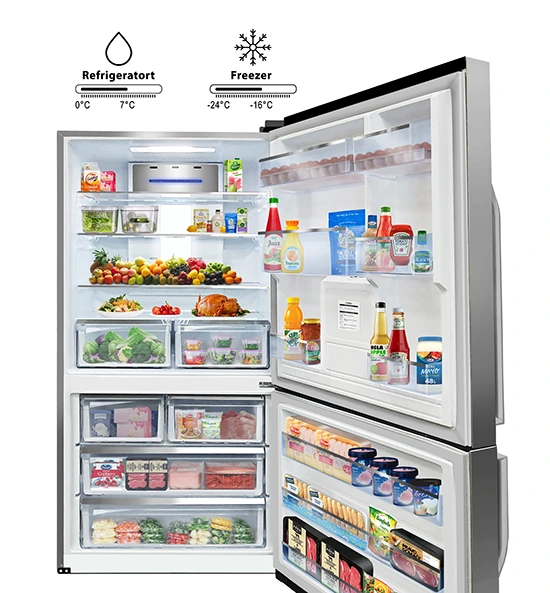 Open refrigerator and freezer filled with groceries, featuring temperature range graphics for both compartments.