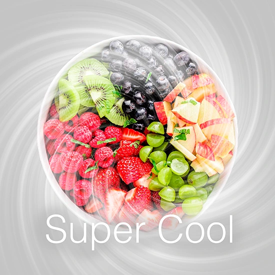 Fresh fruit bowl with kiwi, berries, grapes and apples featuring a frosty effect and Super Cool text.