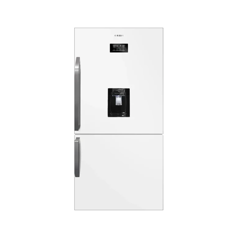 White refrigerator with bottom freezer, vertical silver handles, digital control panel, and water dispenser.