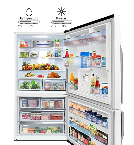 White refrigerator freezer with open doors displaying organized shelves filled with fresh produce, meats, dairy, and condimen