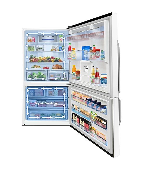 Open white refrigerator stocked with food, displaying blue arrows indicating dry air circulation airflow.