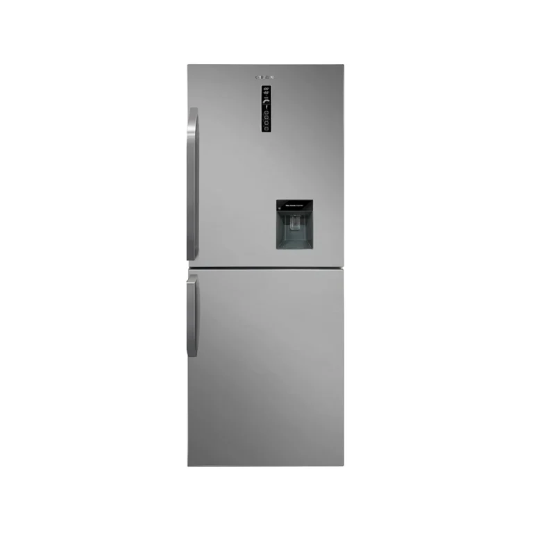 Front view of a silver two-door refrigerator featuring an external water dispenser and digital control panel.