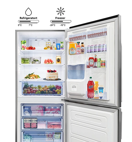 Open refrigerator and freezer unit stocked with groceries displaying temperature scales for fresh and frozen food storage.